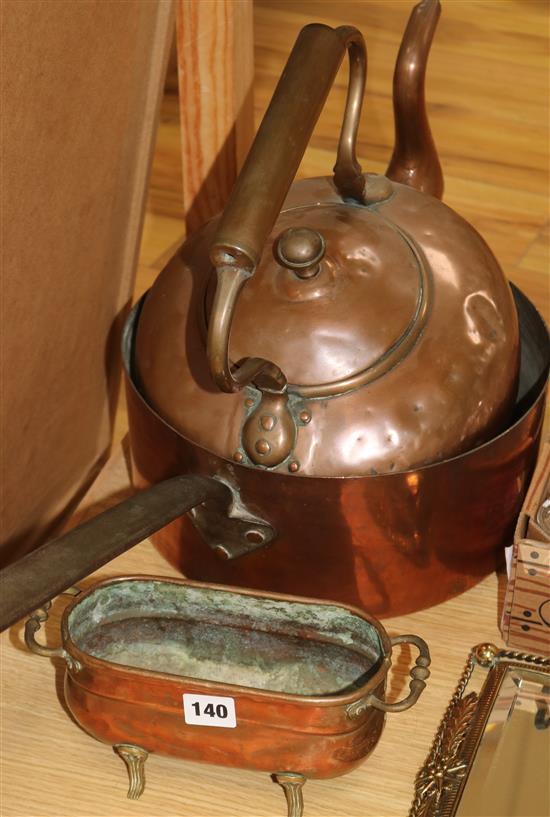A large copper kettle, a saucepan and a jardiniere
